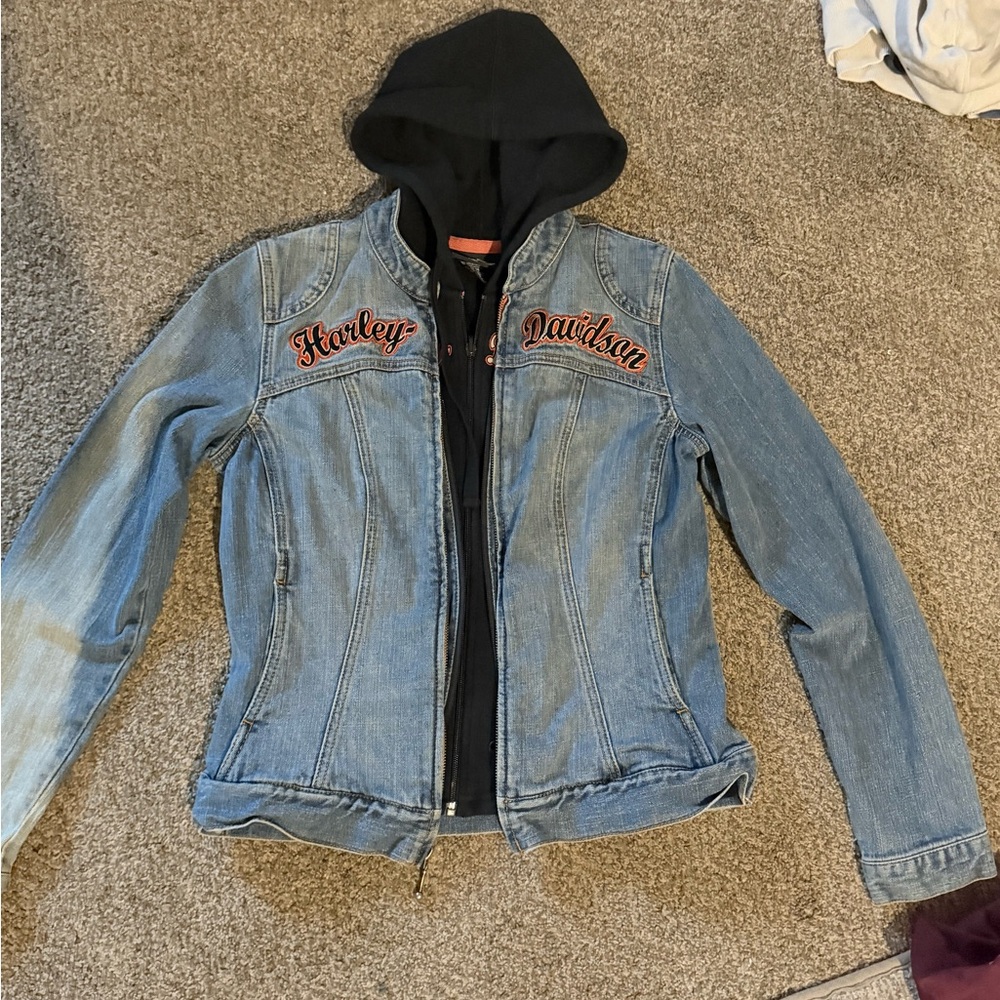 Harley-Davidson Light Blue Denim Jacket with Black Hood